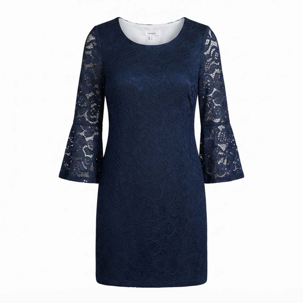 Signature by Robbie Bee Navy Blue Bell Sleeve Lace Sheath Dress Large